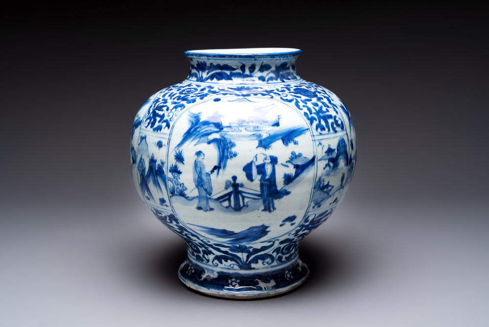A Chinese blue and white baluster vase with figures and landscapes, Transitional period