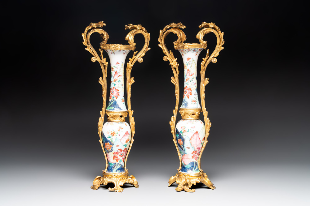 A pair of composed gilt bronze mounted Chinese famille rose 'tobacco leaf' vases, Qianlong