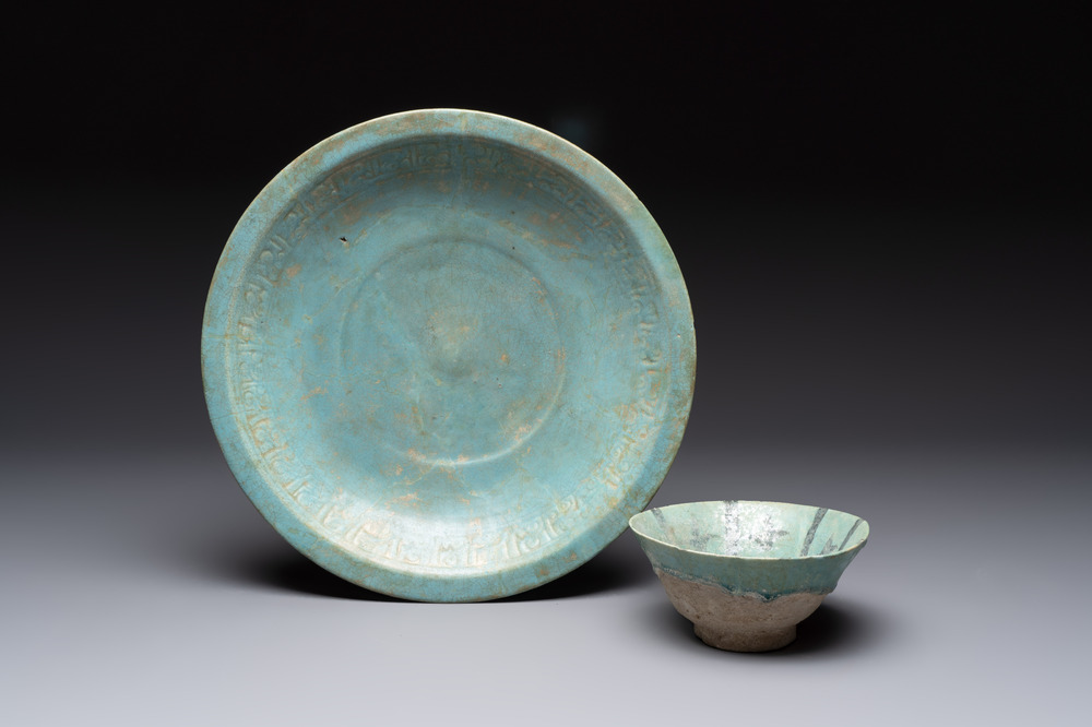 A turquoise-glazed calligraphic dish and a bowl, Kashan, 13/14th C.