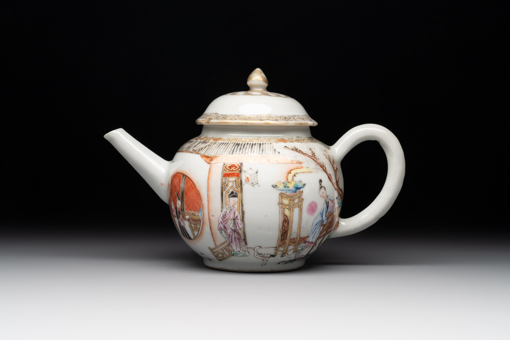 A Chinese famille rose gilt-decorated teapot and cover with figural design, Yongzheng