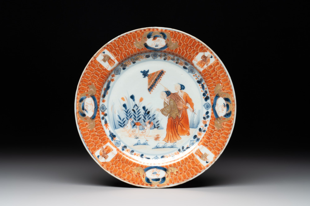 A Chinese Imari-style 'Parasol Ladies' plate after Cornelis Pronk, Qianlong