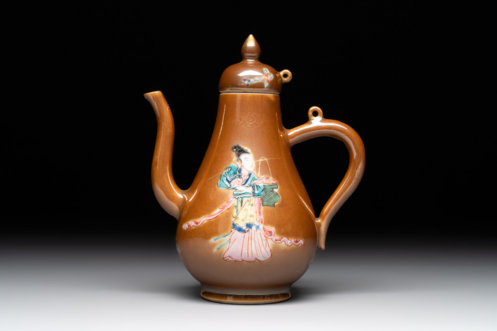 A Chinese famille rose capucin-brown-ground 'Magu' ewer and cover, Yongzheng/Qianlong