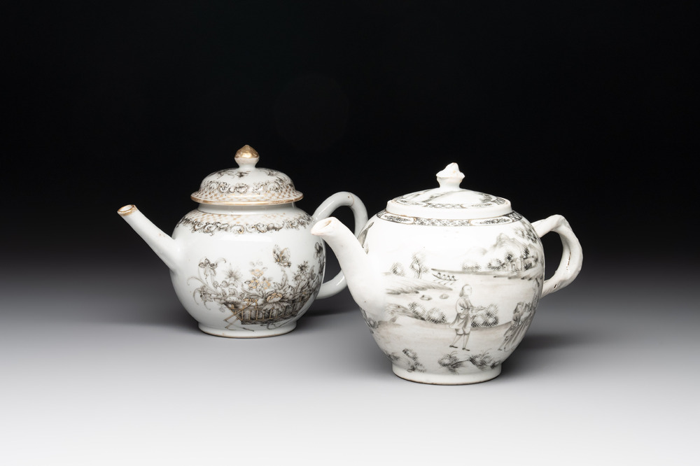 A Chinese gilt-decorated grisaille 'European subject' teapot and a 'flower basket' teapot, Qianlong