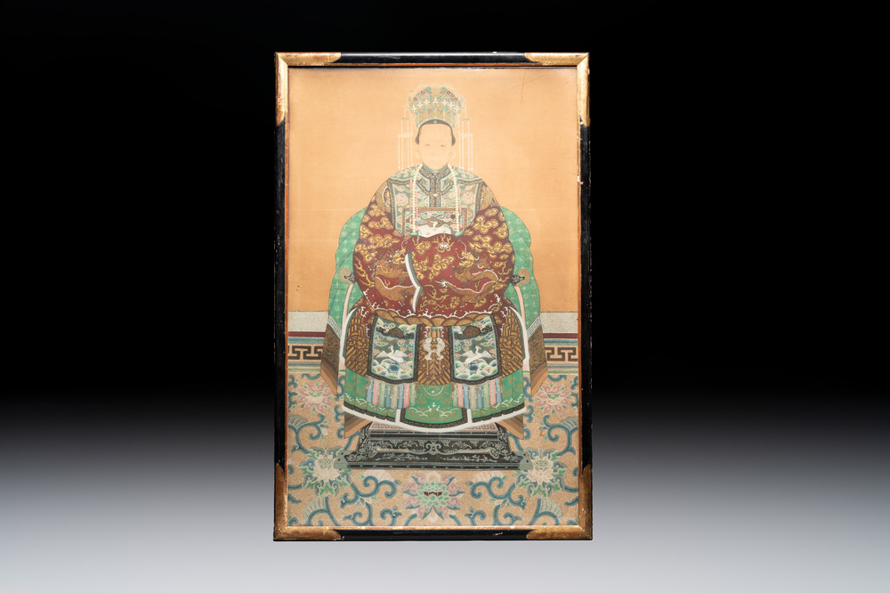 Chinese school: 'An official's wife of the 4th rank', ink and colour on paper, 19th C.