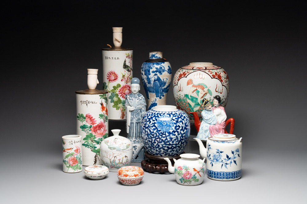 13 Chinese blue, white, famille rose, verte and qianjiang cai wares, 19/20th C.