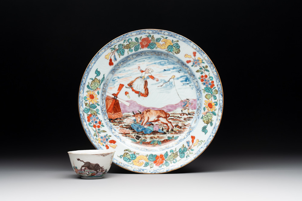 A rare Chinese Dutch-decorated 'The miracle of Zaandam' plate and cup, Qianlong