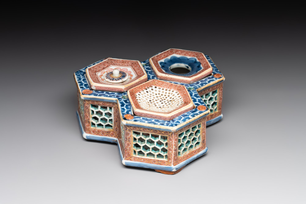 A rare Chinese famille rose reticulated hexagonal inkwell, Qianlong