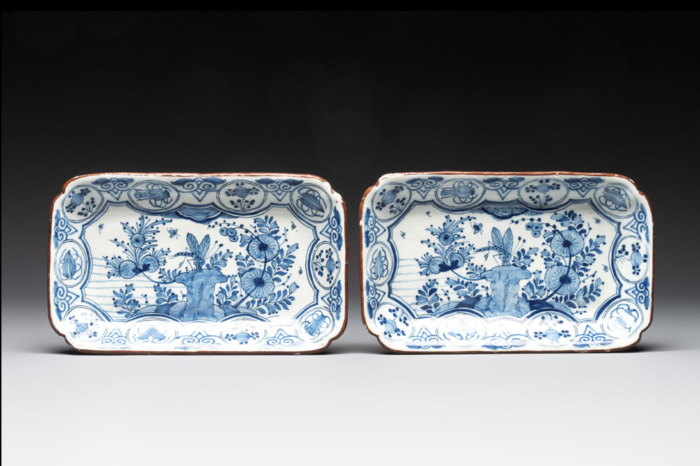 A pair of rectangular blue and white Dutch Delft 'dragonfly' trays, 18th C.