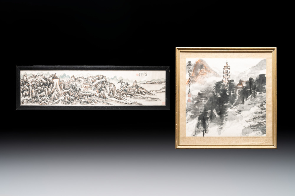 Huang Jusu 黃居素 (1897-1986): 'Mountainous landscape' and Chinese school: 'Pagoda', ink and colour on paper, dated 1969