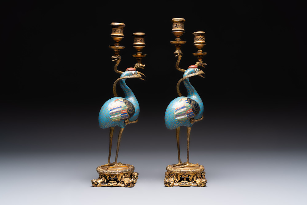 A pair of Chinese cloisonn&eacute; cranes, later mounted as candelabras, 18th C.
