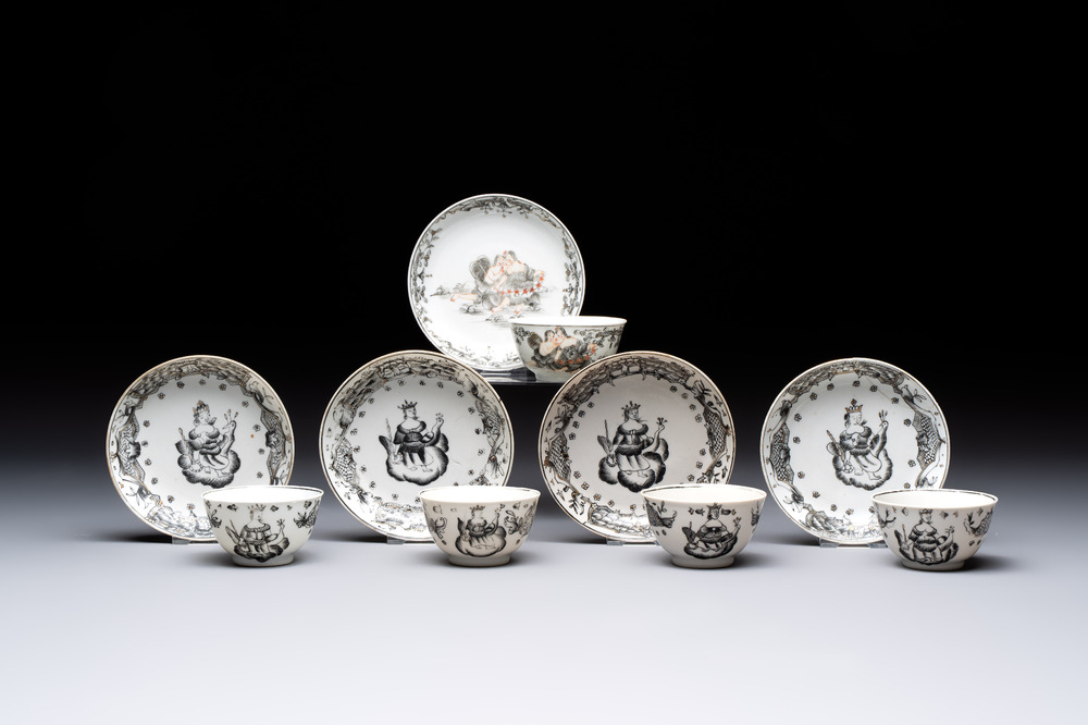 Four Chinese gilt-decorated grisaille 'crowned Juno and peacock' cups and saucers and a 'European subject' cup and saucer, Qianlong