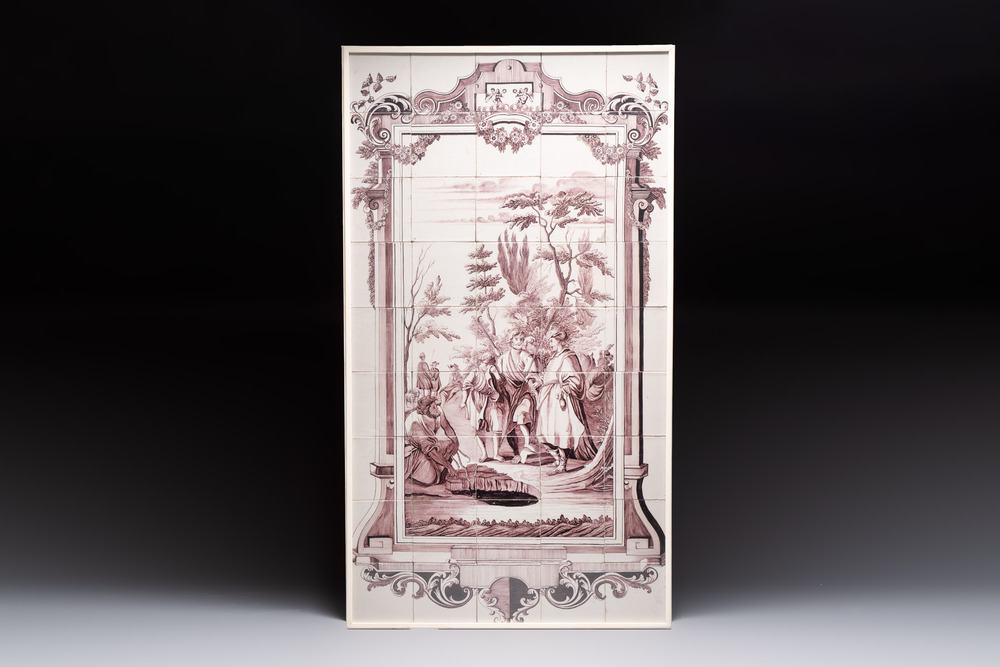A manganese Dutch Delft 'biblical subject' tile mural, Aalmis, Rotterdam, 18th C.