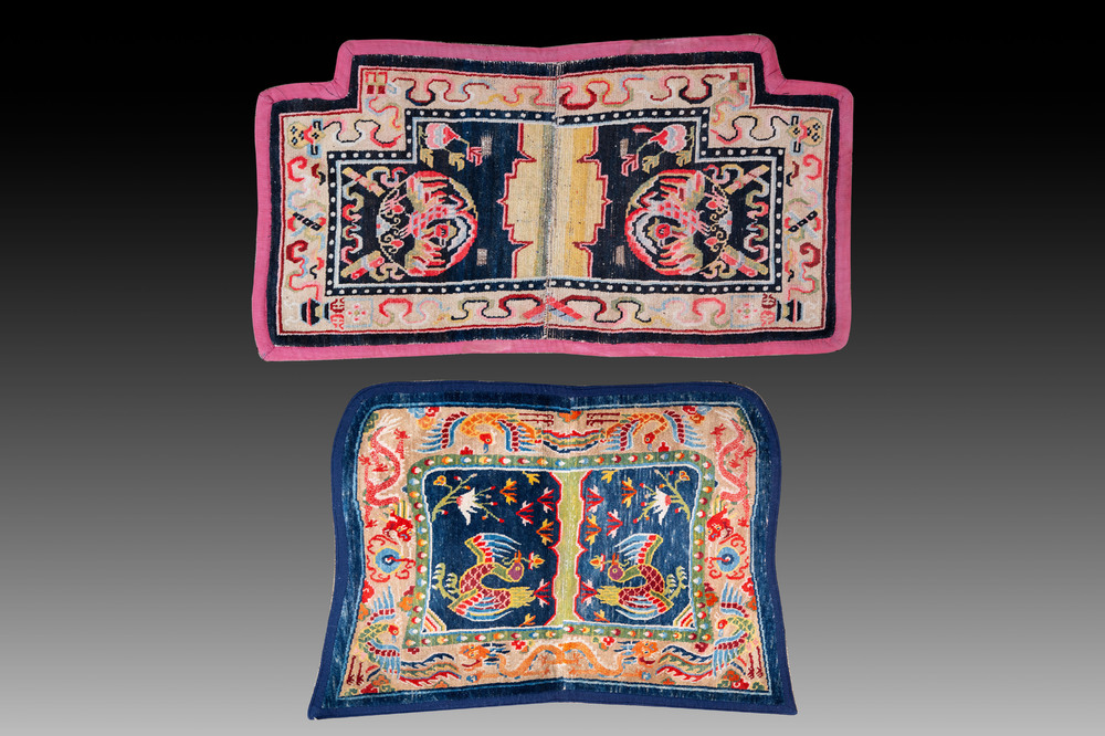 Two Tibetan saddle rugs with dragons and phoenixes, 19th C.