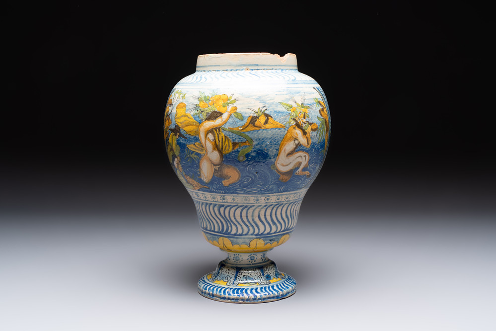 A rare polychrome Nevers earthenware baluster vase with tritons and satyrs, 2nd half 17th C.