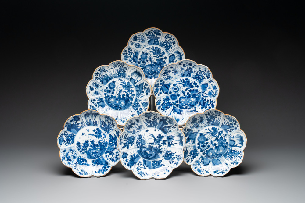 Six Chinese blue and white 'lotus' plates, Kangxi