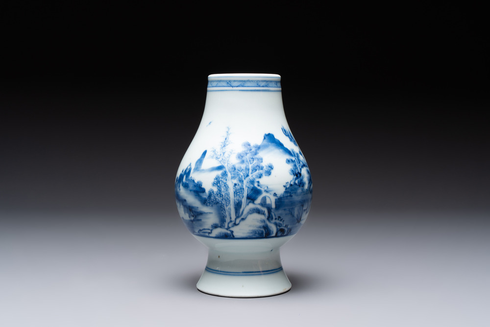 A Chinese blue and white 'mountainous landscape' vase, Yongzheng mark and of the period