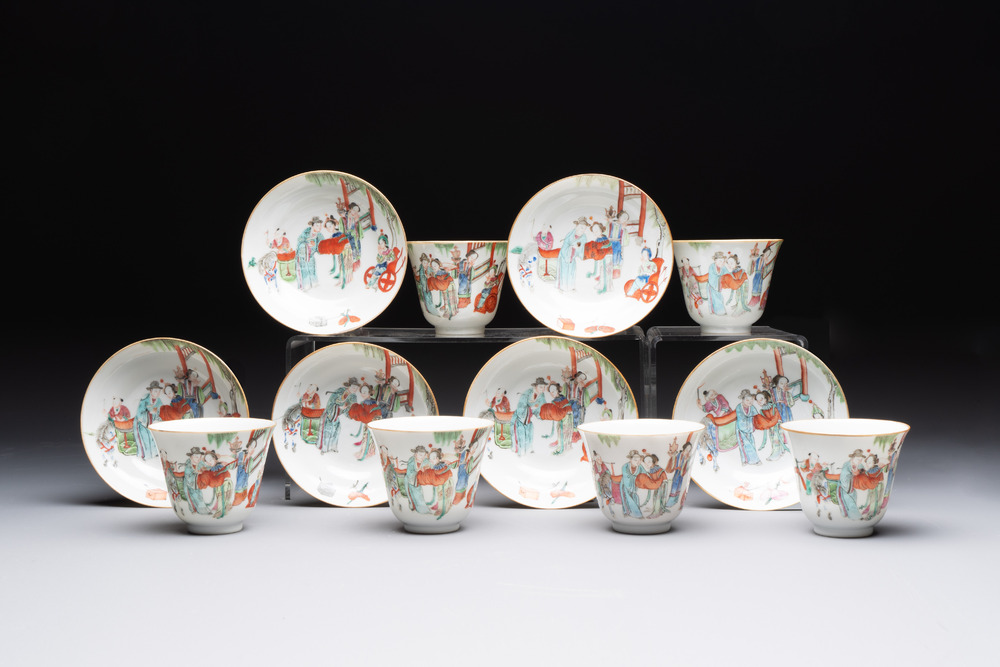 Six fine Chinese famille rose 'Xi Xiang Ji' cups and saucers, Xianfeng mark and of the period