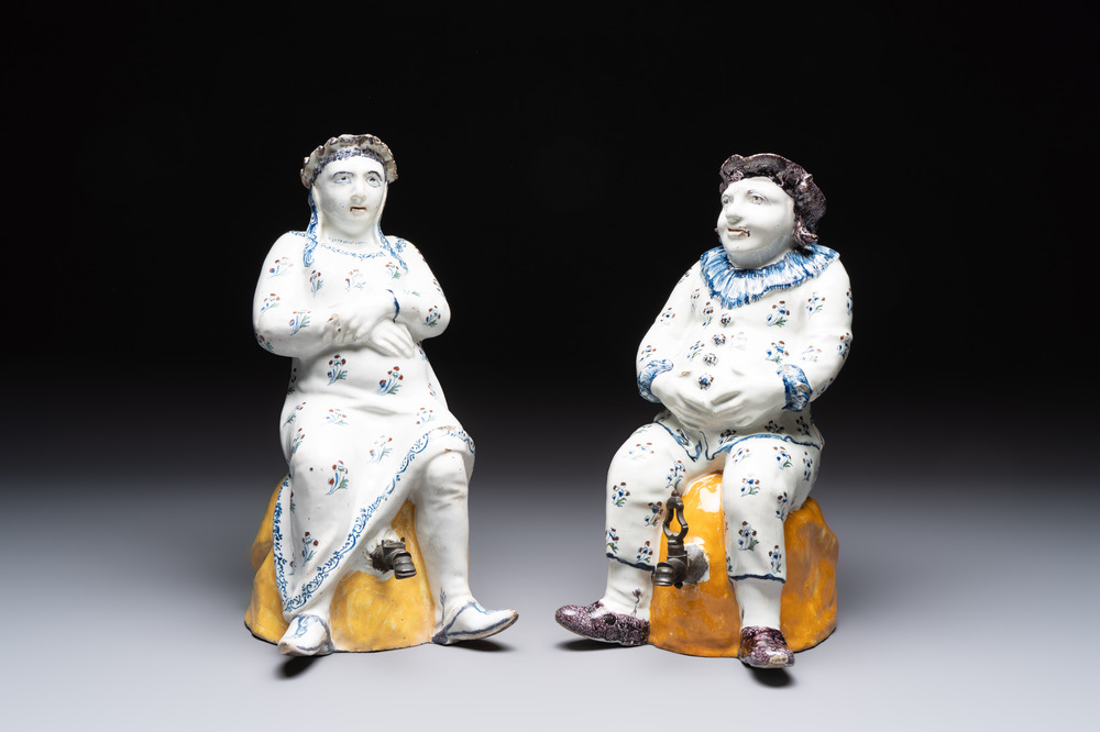 A pair of polychrome Brussels faience table fountains, 18th C.