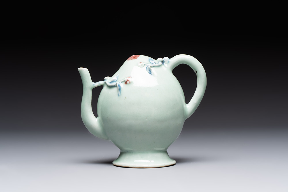 A Chinese copper-red and blue celadon-ground peach-shaped 'cadogan' ewer, Qianlong/Jiaqing