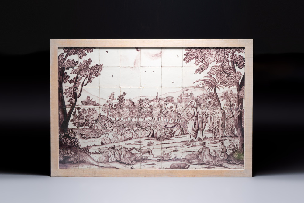 A large manganese Dutch Delft 'Christ on the Mount of Olives' tile mural, 18th C.
