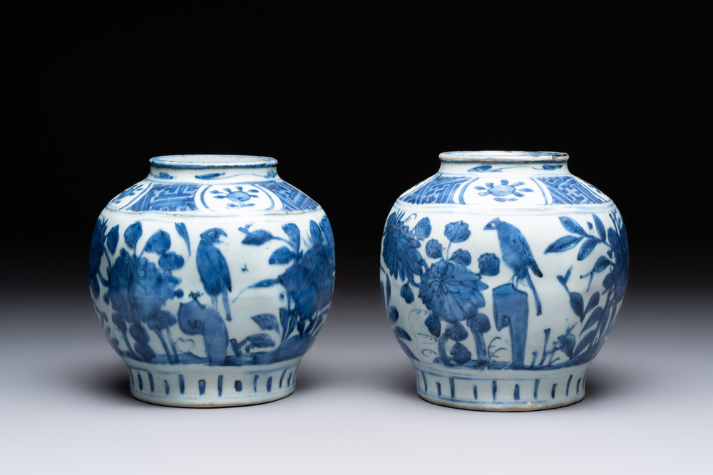 A pair of Chinese blue and white 'birds among blossoming branches' jars, Wanli