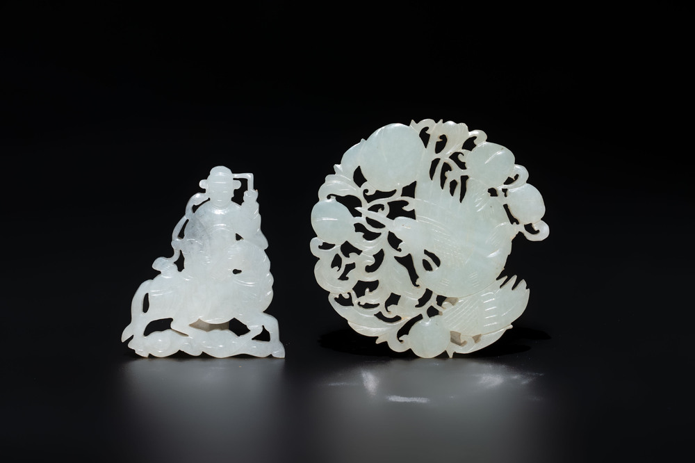 Two Chinese white and celadon jade 'crane' and 'deity' plaques, Qing