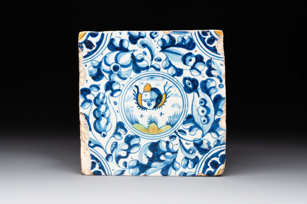 A fine polychrome Dutch Delft maiolica tile with a cherub, ca. 1600