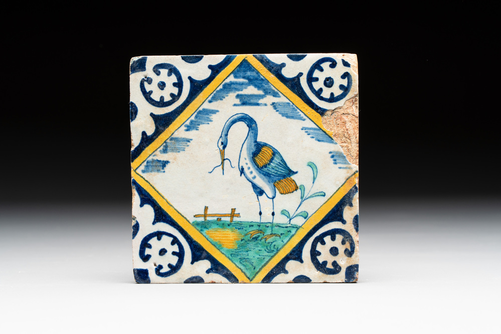A polychrome Dutch Delft maiolica 'heron' diamond tile, late 16th C.