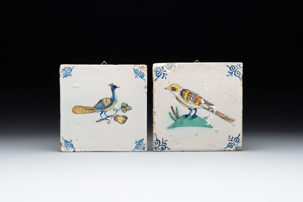 Two polychrome Dutch Delft 'bird' tiles, 17th C.