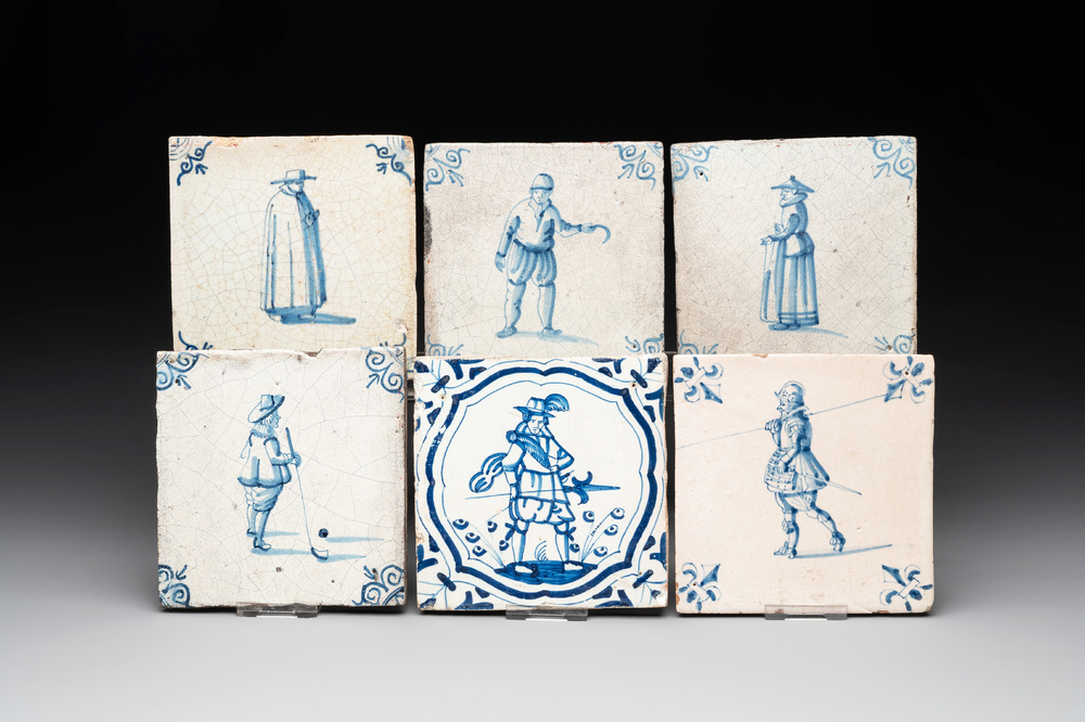 Six blue and white Dutch Delft tiles with large figures, 17th C.
