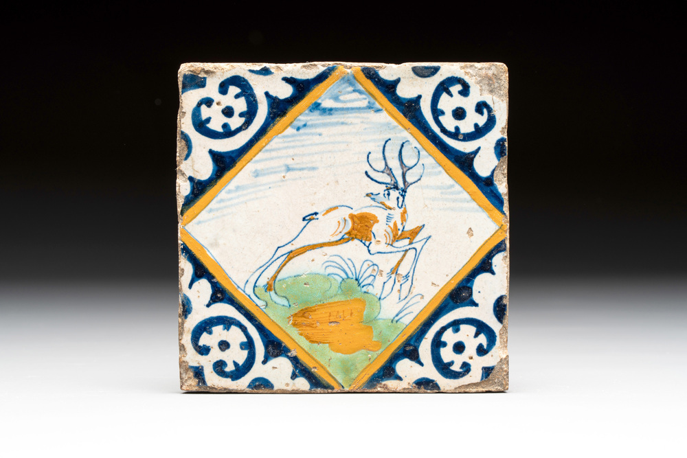 A polychrome Dutch Delft maiolica 'deer' diamond tile, late 16th C.
