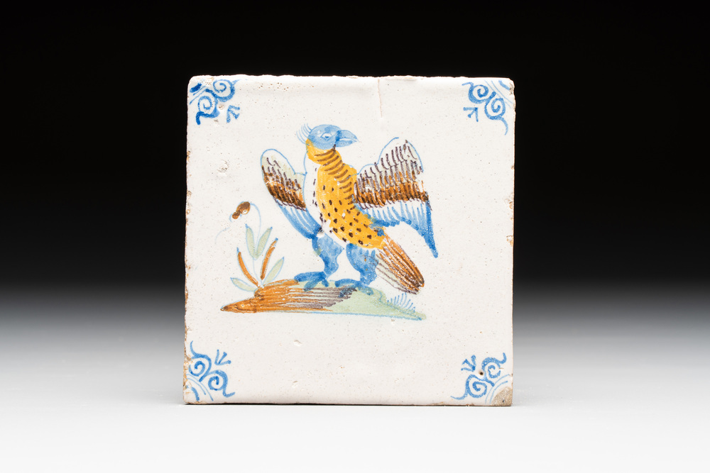 A polychrome Dutch Delft 'bird of prey' tile, 17th C.