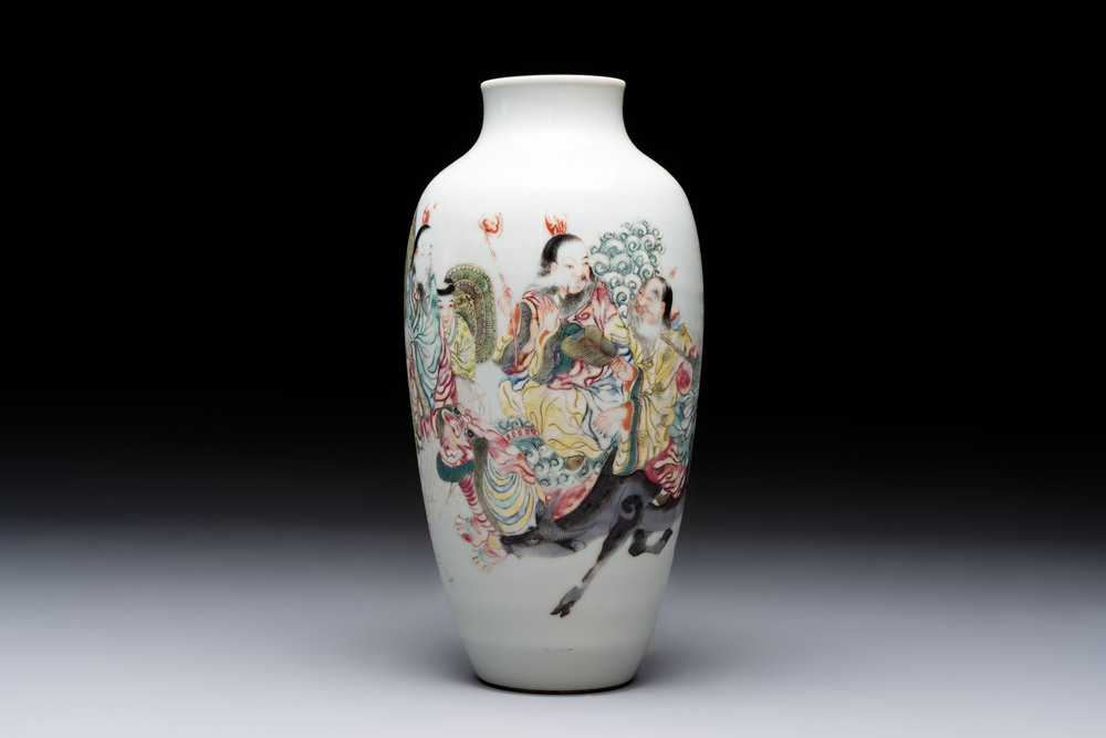 A Chinese famille rose 'deities' vase, Qianlong mark, 19/20th C.