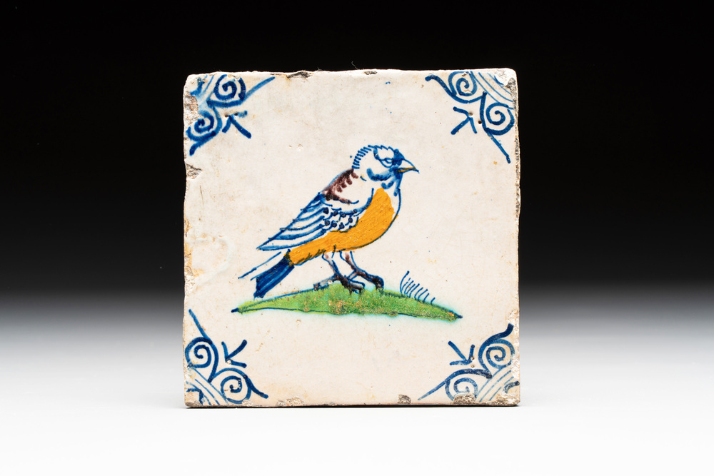 A polychrome Dutch Delft 'bird' tile after Adriaen Collaert, 1st half 17th C.