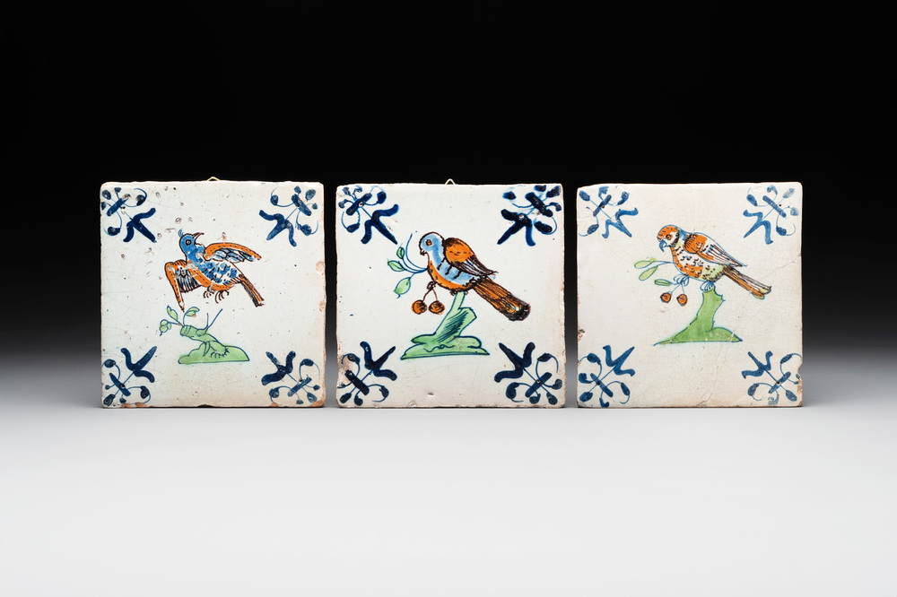 Three polychrome Dutch Delft 'bird' tiles, 17th C.