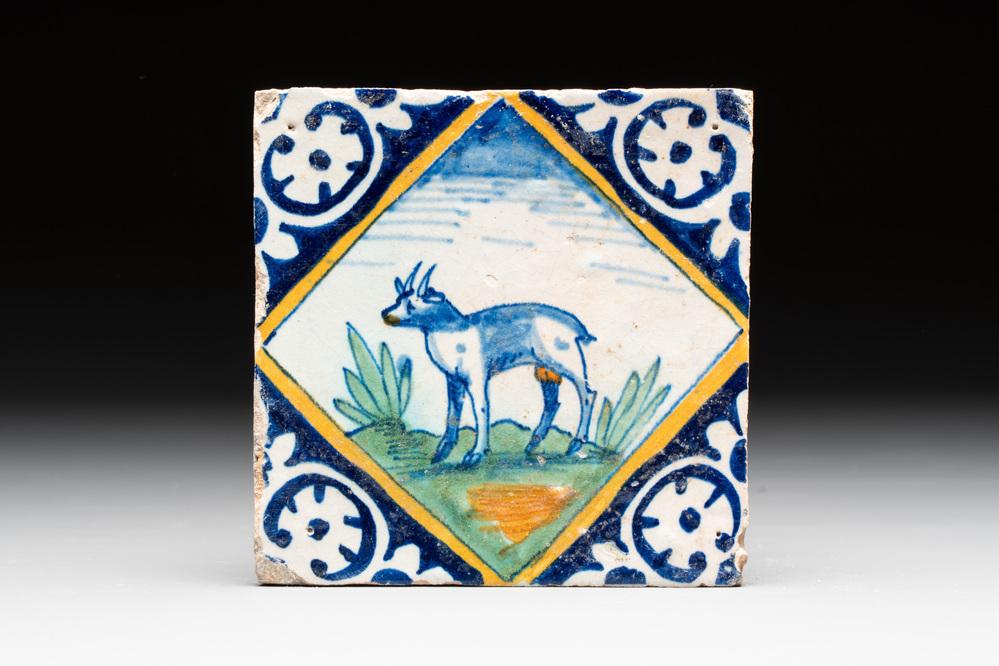 A polychrome Dutch Delft maiolica 'goat' diamond tile, late 16th C.