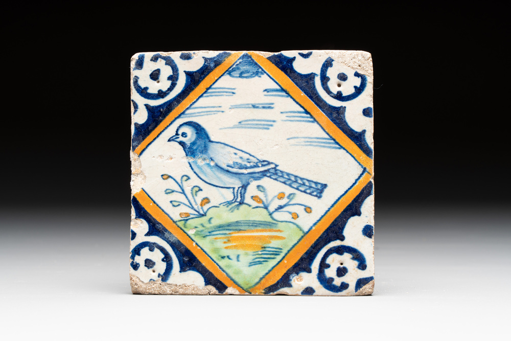 A polychrome Dutch Delft maiolica 'bird' diamond tile, late 16th C.