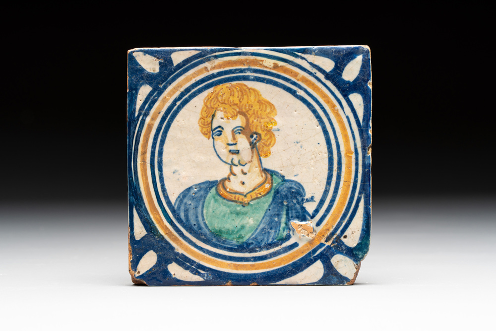 A polychrome Dutch Delft maiolica 'portrait' medallion tile, late 16th C.