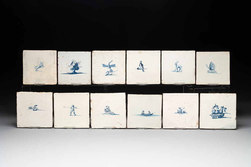 12 blue and white Dutch Delft tiles without corner motifs, 17th C.