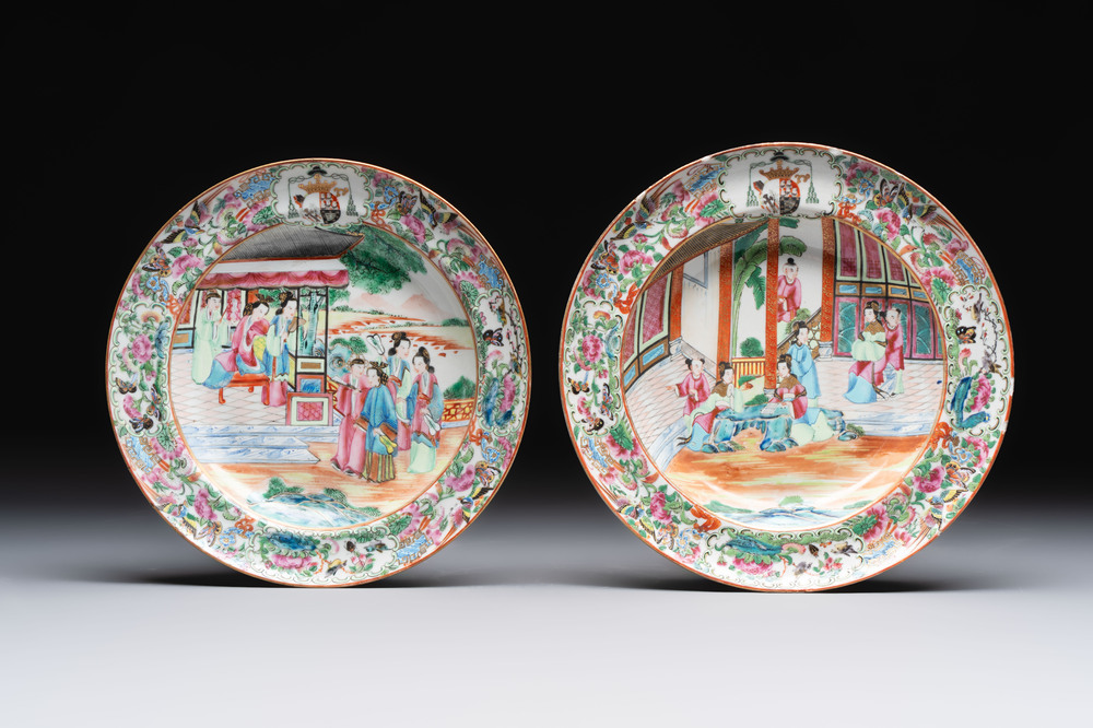 A pair of Chinese Canton famille rose armorial plates, 19th C.