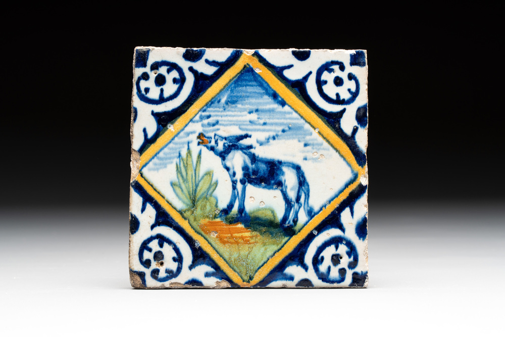 A polychrome Dutch Delft maiolica 'donkey' diamond tile, late 16th C.