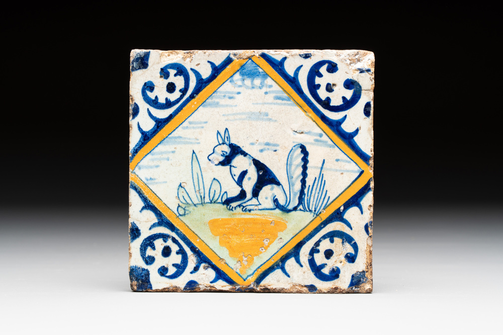 A polychrome Dutch Delft maiolica 'squirrel' diamond tile, late 16th C.
