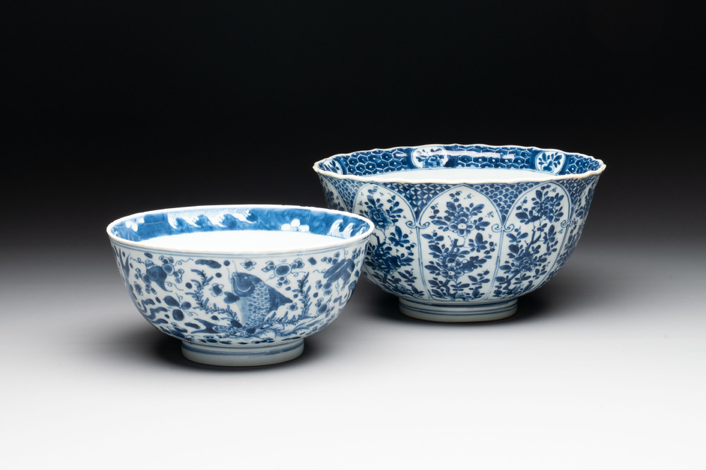 A Chinese blue and white 'floral 'bowl and an 'aquatic animals' bowl, Kangxi