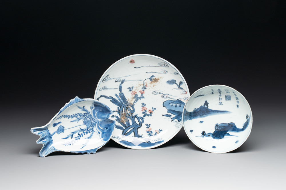 Three Chinese blue, white and copper-red ko-sometsuke pieces for the Japanese market, Tianqi