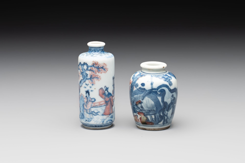 Two Chinese blue, white and copper-red snuff bottles, Yongzheng marks, 19th C.