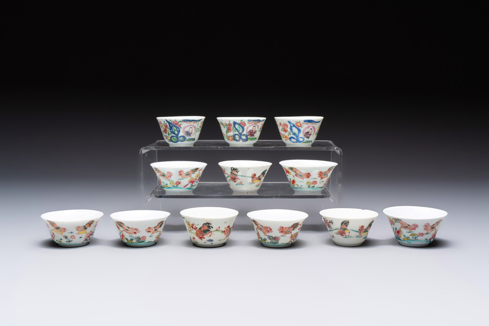 12 Chinese famille rose 'rooster' cups, Yongzheng/Qianlong