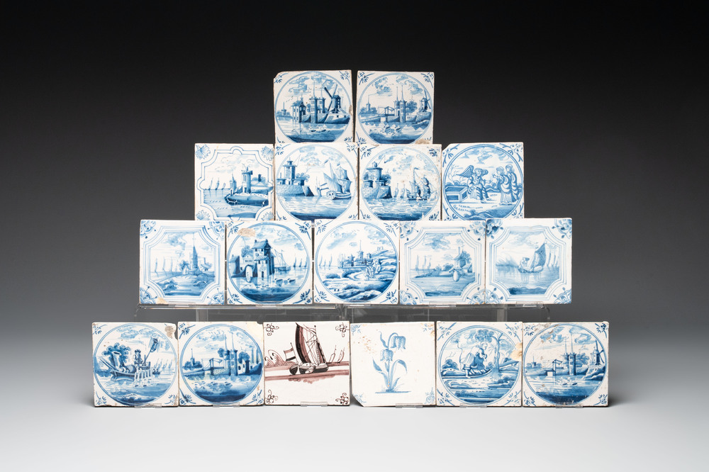 16 blue and white Dutch Delft tiles and one manganese 'ship' tile, 18th C.
