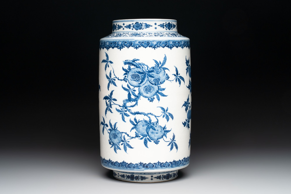 A large Chinese blue and white 'sanduo' albarello-shaped vase, Qianlong