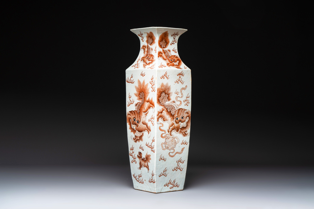 A Chinese iron-red and white 'Buddhist lion' square vase, Chenghua mark, 19/20th C.