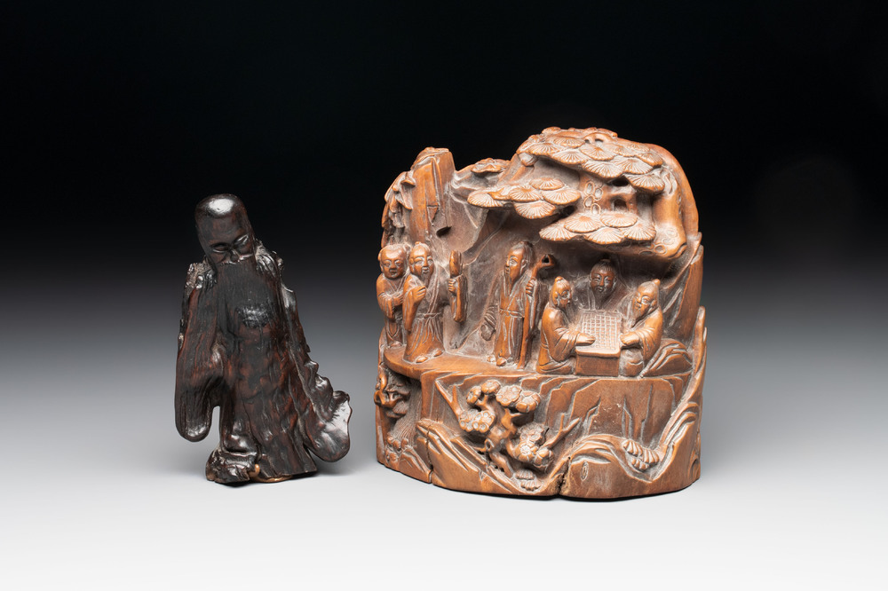 A Chinese burlwood figure of Shoulao and a boxwood group of five sages and a servant, Mugong 木公 mark, 19/20th C.